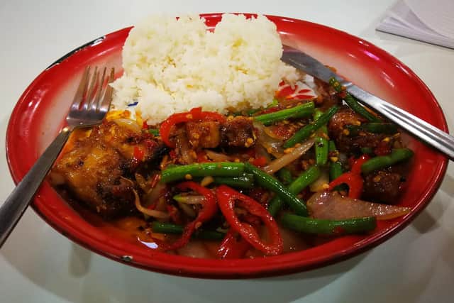 Julia's spicy stir-fried belly pork lunch from Lemongrass Thai Street Food at The Moor Market